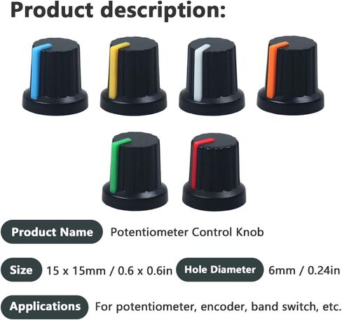60pcs Potentiometer Control Knob 6mm Knurled Shaft Hole Potentiometer Volume Control Rotary 6 Colors Knob Cap 15x15mm in Saudi Arabia