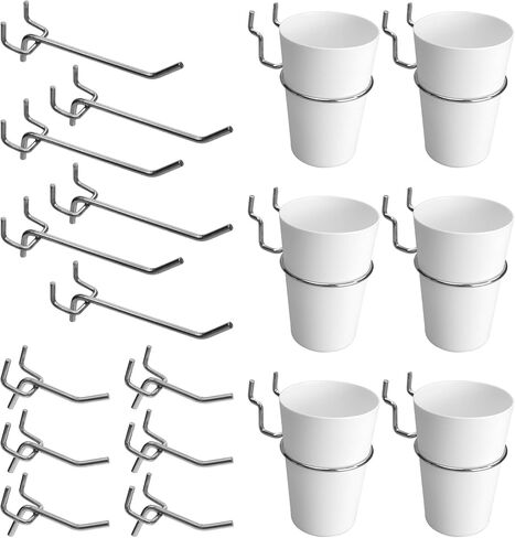 إكسسوارات أكواب خطاطيف Pegboard - 18 حزمة من Pegboard Display 2 & 4 بوصة بين قوسين مسطحين، أكواب معلقة صغيرة لـ 1/8 1/4 Peg Board - شماعات منظم الأدوات لحرف المرآب (6 أكواب ملونة و12 خطافًا) in Kuwait