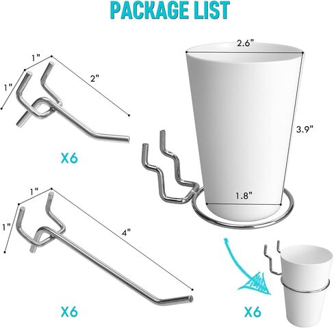 إكسسوارات أكواب خطاطيف Pegboard - 18 حزمة من Pegboard Display 2 & 4 بوصة بين قوسين مسطحين، أكواب معلقة صغيرة لـ 1/8 1/4 Peg Board - شماعات منظم الأدوات لحرف المرآب (6 أكواب ملونة و12 خطافًا) in Kuwait