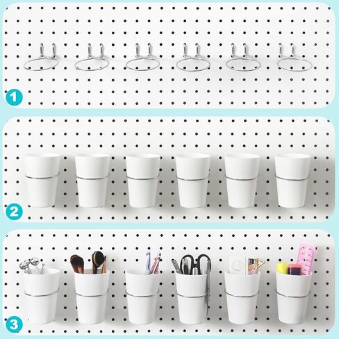 إكسسوارات أكواب خطاطيف Pegboard - 18 حزمة من Pegboard Display 2 & 4 بوصة بين قوسين مسطحين، أكواب معلقة صغيرة لـ 1/8 1/4 Peg Board - شماعات منظم الأدوات لحرف المرآب (6 أكواب ملونة و12 خطافًا) in Kuwait