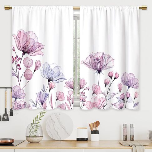 Watercolor Pink Flower Kitchen Curtains Floral Plant Bathroom Curtains Window Treatment Drape Tier Botanical Boho Rustic Chic Cafe Small Bedroom Short French Door Curtains 2 Panel 27.5x39 Inch in Saudi Arabia