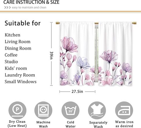 Watercolor Pink Flower Kitchen Curtains Floral Plant Bathroom Curtains Window Treatment Drape Tier Botanical Boho Rustic Chic Cafe Small Bedroom Short French Door Curtains 2 Panel 27.5x39 Inch in Saudi Arabia
