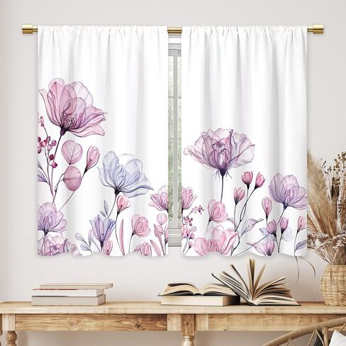 Watercolor Pink Flower Kitchen Curtains Floral Plant Bathroom Curtains Window Treatment Drape Tier Botanical Boho Rustic Chic Cafe Small Bedroom Short French Door Curtains 2 Panel 27.5x39 Inch in Saudi Arabia