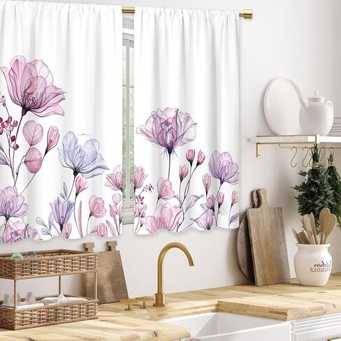 Watercolor Pink Flower Kitchen Curtains Floral Plant Bathroom Curtains Window Treatment Drape Tier Botanical Boho Rustic Chic Cafe Small Bedroom Short French Door Curtains 2 Panel 27.5x39 Inch in Saudi Arabia