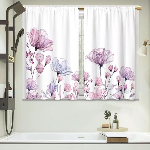 Watercolor Pink Flower Kitchen Curtains Floral Plant Bathroom Curtains Window Treatment Drape Tier Botanical Boho Rustic Chic Cafe Small Bedroom Short French Door Curtains 2 Panel 27.5x39 Inch in Saudi Arabia