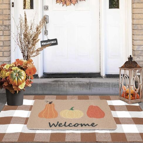 Nuanchu 2 Pcs Fall Decor Doormat Combo Set, 100% Coir Pumpkin Welcome Mat and 27.5" x 43" Thanksgiving Layered Buffalo Plaid Rug for Front Porch Indoor Outdoors (Coffee, White, Plaid, Pumpkin) in Saudi Arabia