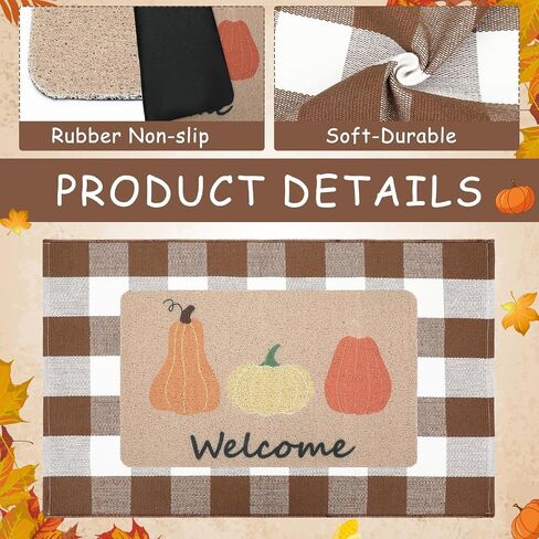 Nuanchu 2 Pcs Fall Decor Doormat Combo Set, 100% Coir Pumpkin Welcome Mat and 27.5" x 43" Thanksgiving Layered Buffalo Plaid Rug for Front Porch Indoor Outdoors (Coffee, White, Plaid, Pumpkin) in Saudi Arabia