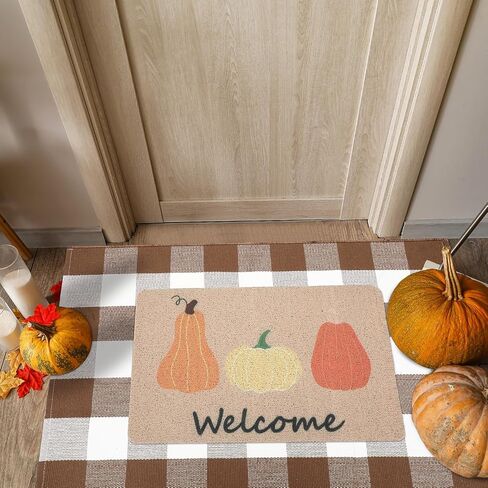 Nuanchu 2 Pcs Fall Decor Doormat Combo Set, 100% Coir Pumpkin Welcome Mat and 27.5" x 43" Thanksgiving Layered Buffalo Plaid Rug for Front Porch Indoor Outdoors (Coffee, White, Plaid, Pumpkin) in Saudi Arabia
