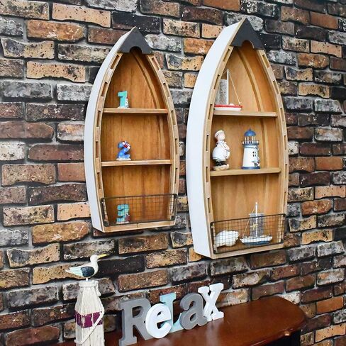 Wood Hanging Boat Shelf Nautical 4-Tiered Shelves for Living Room Bathroom Bedroom - Beach Themed Decorative Bookcase Wooden Wall Art Ornament Display Shelf Rustic Coastal Home Decor in Saudi Arabia