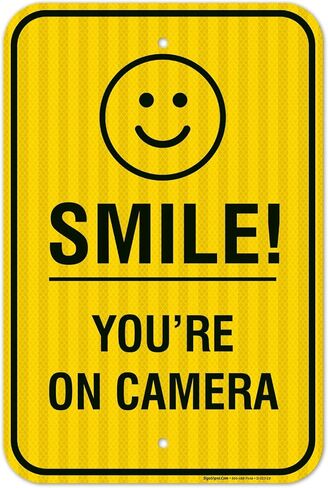 Smile You're on Camera Sign - (4 Pack) - Video Surveillance Sign | 10x7 Inches,Rust Free 0.40 Aluminum, Fade Resistant, Indoor/Outdoor Use, Made in USA by Sigo Signs in Saudi Arabia