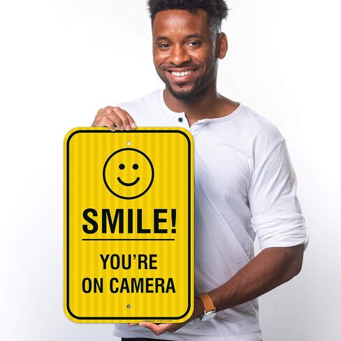 Smile You're on Camera Sign - (4 Pack) - Video Surveillance Sign | 10x7 Inches,Rust Free 0.40 Aluminum, Fade Resistant, Indoor/Outdoor Use, Made in USA by Sigo Signs in Saudi Arabia