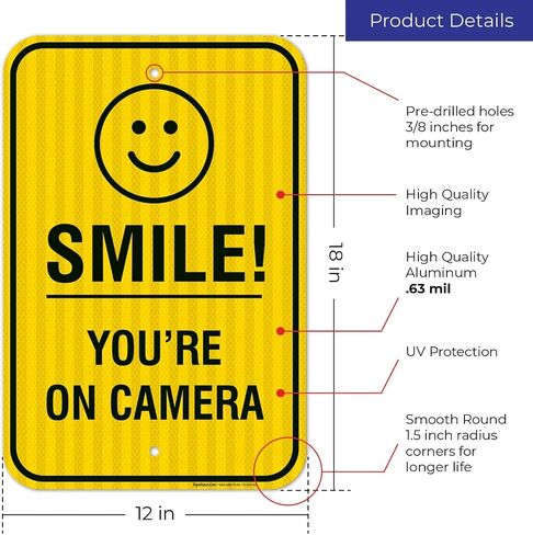 Smile You're on Camera Sign - (4 Pack) - Video Surveillance Sign | 10x7 Inches,Rust Free 0.40 Aluminum, Fade Resistant, Indoor/Outdoor Use, Made in USA by Sigo Signs in Saudi Arabia