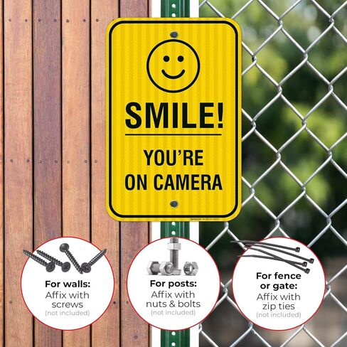 Smile You're on Camera Sign - (4 Pack) - Video Surveillance Sign | 10x7 Inches,Rust Free 0.40 Aluminum, Fade Resistant, Indoor/Outdoor Use, Made in USA by Sigo Signs in Saudi Arabia