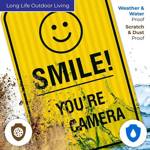 Smile You're on Camera Sign - (4 Pack) - Video Surveillance Sign | 10x7 Inches,Rust Free 0.40 Aluminum, Fade Resistant, Indoor/Outdoor Use, Made in USA by Sigo Signs in Saudi Arabia