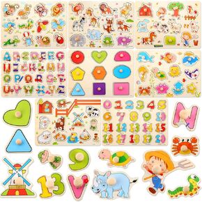 8 Set Wooden Peg Puzzles for Toddlers Over 6 Years Alphabet Number Animal Vehicles Puzzles Board for Kids Educational Learning Puzzles Toys for Children Babies Boys Girls (Cute)