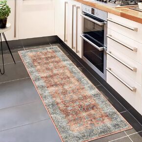 Hallways Runner Rug 2x6 Kitchen Rug Non-Slip Washable, Distressed Vintage Floral Throw Rugs with Rubber, Low Pile Long Entryway Rug for Bathroom Bedroom Laundry, Brick