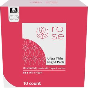 ROSE Organic Cotton Night Pads | Ultra Thin Pads with Wings | Perfect Absorbency | Ultra-Absorbent Sanitary Pads for Women | Hypoallergenic 100% Organic Cotton Core and Top Sheet | 20 Count Pack of 2