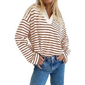 Women Casual Lapel V Neck Long Sleeve Striped Sweatshirt Tops Oversized Colorblock Pullover Shirt Fall Clothes