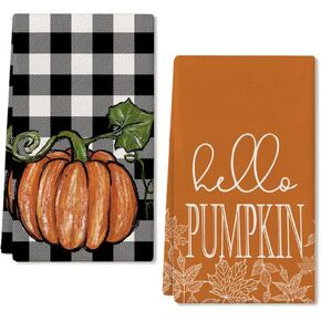 ARKENY Pumpkin Fall Kitchen Towels Set of 2,Maple Leaves Autumn Dish Towels 18x26 Inch,Farmhouse Home Indoor Thanksgiving Harvest Seasonal Vintage Decorations AD002