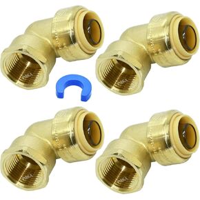(Pack of 4) PUSH FIT 1/2" x1/2" FNPT Female Threaded Elbow Fittings Push to Connect Pex, CPVC, 1/2 Inch With A Disconnect Clip, 4 Pieces