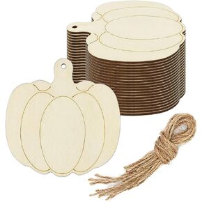 20pcs Pumpkin Wood DIY Crafts Cutouts Wooden Pumpkin Shaped Hanging Ornaments with Hole Hemp Ropes Wood Tags for Halloween Fall Thanksgiving Party Decoration