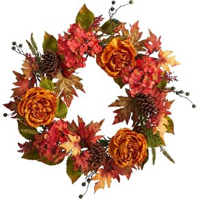 Nearly Natural 25in. Fall Ranunculus, Hydrangea and Berries Autumn Artificial Wreath