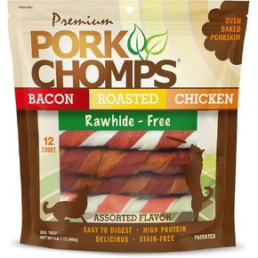 Pork Chomps Baked Pork Skin Dog Chews, 6-inch Twists, Assorted Flavors, 12 Count