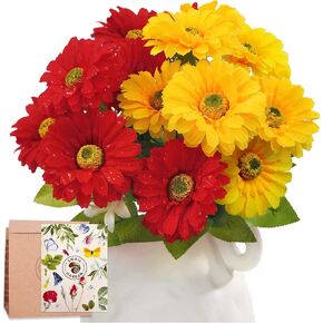 SNAIL GARDEN 12Heads Artificial Daisy Silk Flowers, 2 Colors Silk Gerbera Daisies flowers with 1 Vase Kraft Paper Bag for Home Office Baby Shower Décor Wedding Bridal Flower Arrangement(Red & Yellow) in Kuwait