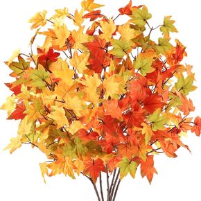 Fall Stems with Maple Leaves, Fall Decor Indoor in Vase, Artificial 6Pcs Fake Leaf Branches Decoration, Green Yellow Orange-red Faux Foliage for Home Kitchen Farmhouse Thanksgiving Harvest Fireplace