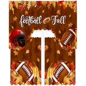 Frienda Autumn Kitchen Curtain Window Curtains and Valances Set Football Pumpkin Kitchen Fall Curtains Thanksgiving Leaf Tier Curtain for Home Room Farmhouse Bedroom, 60 x 36 Valance, 36 x 30 Tier