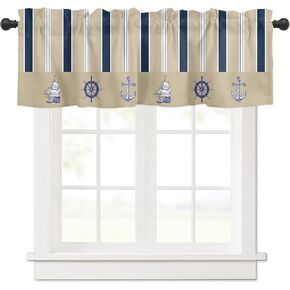 Nautical Valances Window Treatment Farmhouse Decor, Navy Blue Brown Ocean Coastal Rudder Anchor Rod Pocket Valance Curtains for Living Room, Bedroom, Kitchen, 60" W x 18" L - 1 Panel