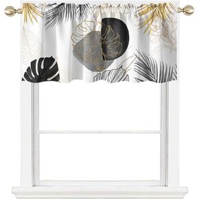 AAtter Black and Gold Floral Kitchen Window Curtain Small Abstract White Grey Gray Leaf Boho Tropical Plants Gild Cafe Valances Living Room Bedroom Window Drape Treatment Valance, 52" W x 18" L, Art