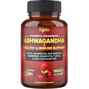Ashwagandha Capsules w Healthy Support & Immune System Blend - CoQ10, Magnesium Glycinate, Berberine HCl, Quercetin, Tudca & More - 180 Pills Support Brain Health, Energy Production & Body Balance