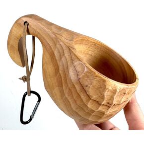 Sanrich Wooden Mug Kuksa Handcrafted Wood Camp Mug Survival Wood Cup Camping Cups & Mugs with Carabiner Leather Lanyard For Drinking Tea Coffee (8 ounces-Tortoiseshell-1 handle holes)