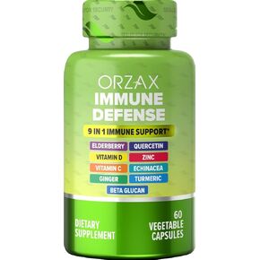 ORZAX 9 in 1 Immune Defense Supplement High Strength Vitamin C & D with Zinc, Quercetin, Turmeric & Ginger, Echinacea Capsules - Herbal Defense for Immune System Support - 60 Veg Capsules
