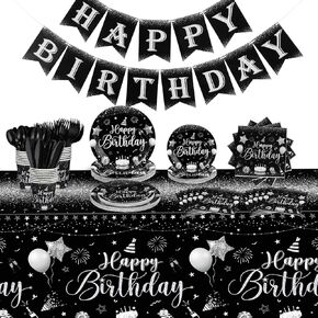 Vesici 171 Pcs Happy Birthday Party Supplies 24 Set Disposable Party Tableware include Plates Cups Napkins Cutlery and Banner Tablecloth Birthday Party Decorations for Men Woman (Black, Blue)