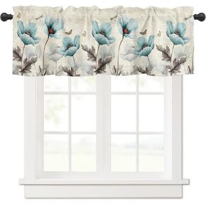 Teal Tulip Kitchen Curtains Valances, Rustic Farmhouse Floral Rod Pocket Valances for Windows, Spring Flower Elegant Vintage Brown Short Window Valances for Living Room/Bedroom, 42 x 12 Inch