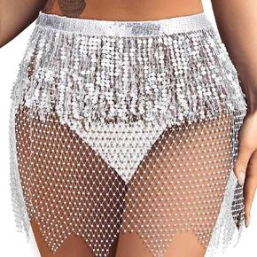 REETAN Sequins Fringe Skirt Rhinestone Belly Dance Skirt Mesh Sparkly Rave Festival Outfits Skirt Costume for Women and Girls