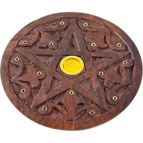 Wooden Incense Cone Holder - 3 in 1 Pentacle Handcrafted 5" inch Incense Ash Catcher - Incense Holder - Hand Carved Antique Gift for Home Decor Accessories