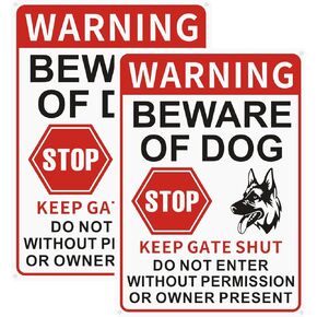 HEIOKEY 2 Pack Beware of Dog Signs 14"x10" Warning Do Not Enter Without Permission Aluminum Sign, No Trespassing Do Not Enter Without Owner Present Sign for Fence Home Yard Garden Farm Garage Business