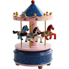 AUEAR, Vintage Mini Music Box Figurine Birthday Gift Table Decor (Carousel Wooden Horses Sky Blue)