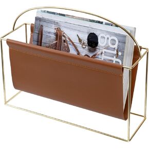 MyGift Modern Magazine Holder with Industrial Matte Black Metal Frame and Caramel Brown Leatherette Sling, Tabletop or Floor Standing Storage Organizer