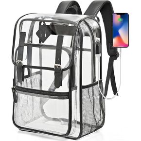 Clear Backpack Heavy Duty Thick PVC Transparent Backpack With Leather Trim Large See Through Backpack Clear Bookbag For Student, Work, Travel Pink