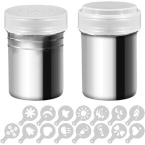 2 Pcs Stainless Steel Dredges and Powdered Shaker with 16 pcs Printing Molds Stencils, SENHAI Salt Pepper Coffee Cocoa Cinnamon Power Can with Hole or Fine-Mesh Lid for Kitchen Baking Cooking