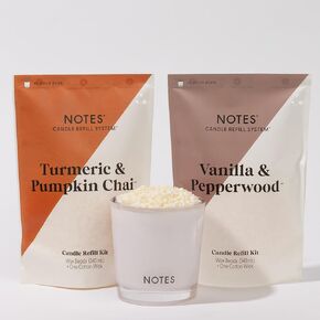 NOTES Sustainable Candle Kit | Non-Toxic Fragrance, Natural Wax Beads, Wick, Reusable Centering and Clean Out Disk, and a refillable Vessel-eco-Friendly-Tumeric & Pumpkin Chai + Vanilla & Pepperwood