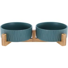 HCHLQLZ Blanc Pet Bowls for Dogs and Cats, Ceramic, Bamboo Stand, Dishwasher Safe and Easy to Clean (2 Bowls)