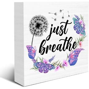 Motivational Just Breathe Wooden Box Sign Wood Sign Decor Positive Mental Health Dandelion Butterfly Wooden Block Sign Decoration for Home Office Shelf Desk