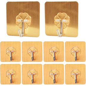Adhesive Hooks - Wall Hooks Heavy Duty Seamless Hooks Rotating Sticky Hooks Wall Hanger Hooks Utility Hooks for Kitchen Bathroom Bedroom 10 Packs (Gold)