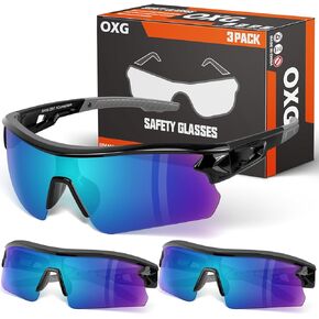 OXG 3 Pack Work Safety Glasses for Men Women, ANSI Z87.1 Scratch Impact Resistant Protective Eyewear for Industrial Shooting