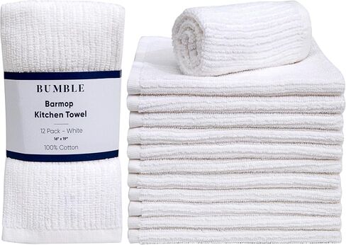 Bumble Deluxe Bar Towels | 16" x 19" Premium Bar Mop for Kitchen | Super Absorbent Kitchen Towels | 100% Cotton Heavy Weight 2-ply Yarn| Ribbed Weave (12 Pack) (White) in Kuwait